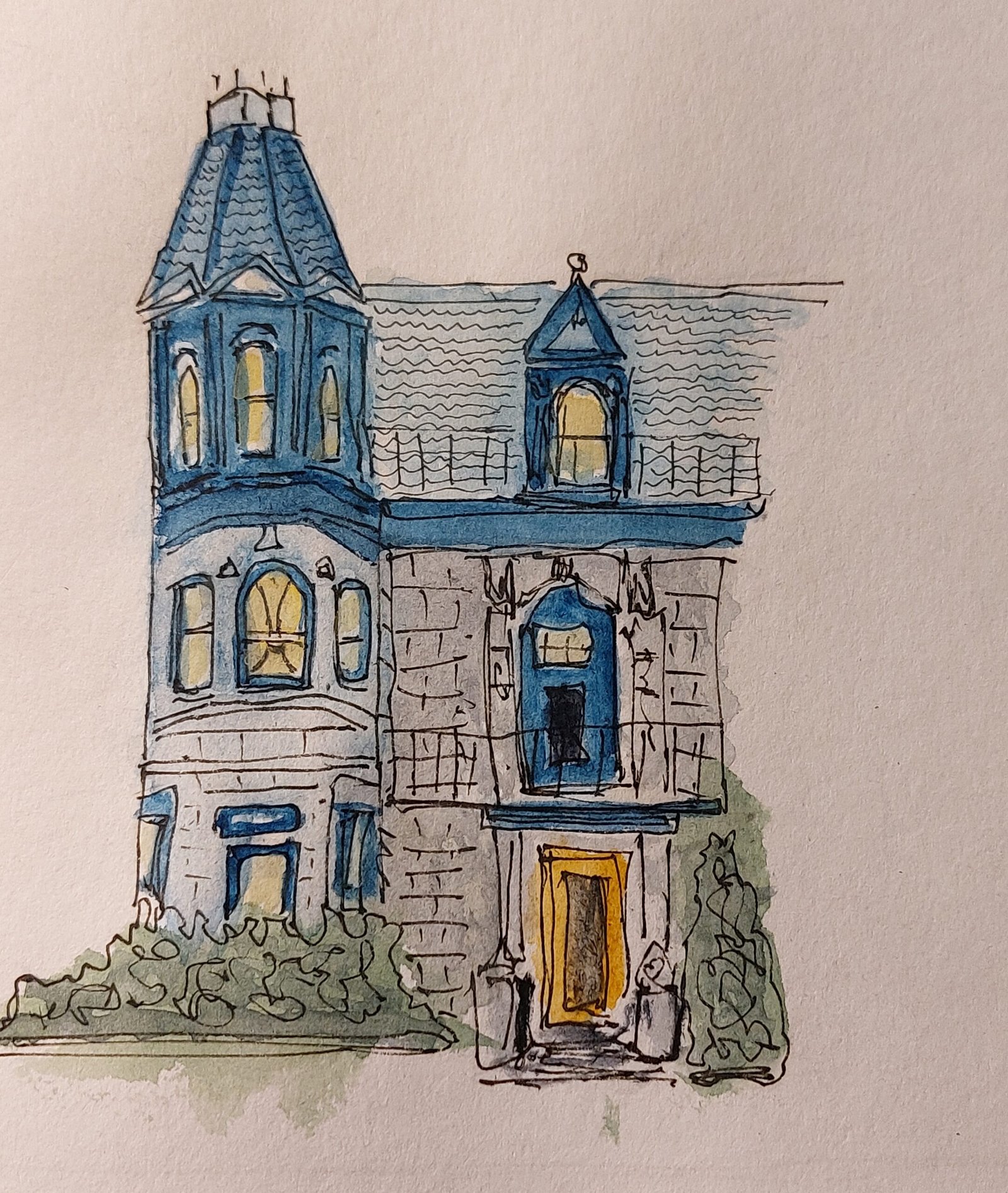 Watercolour and ink sketch of a Montreal row house.